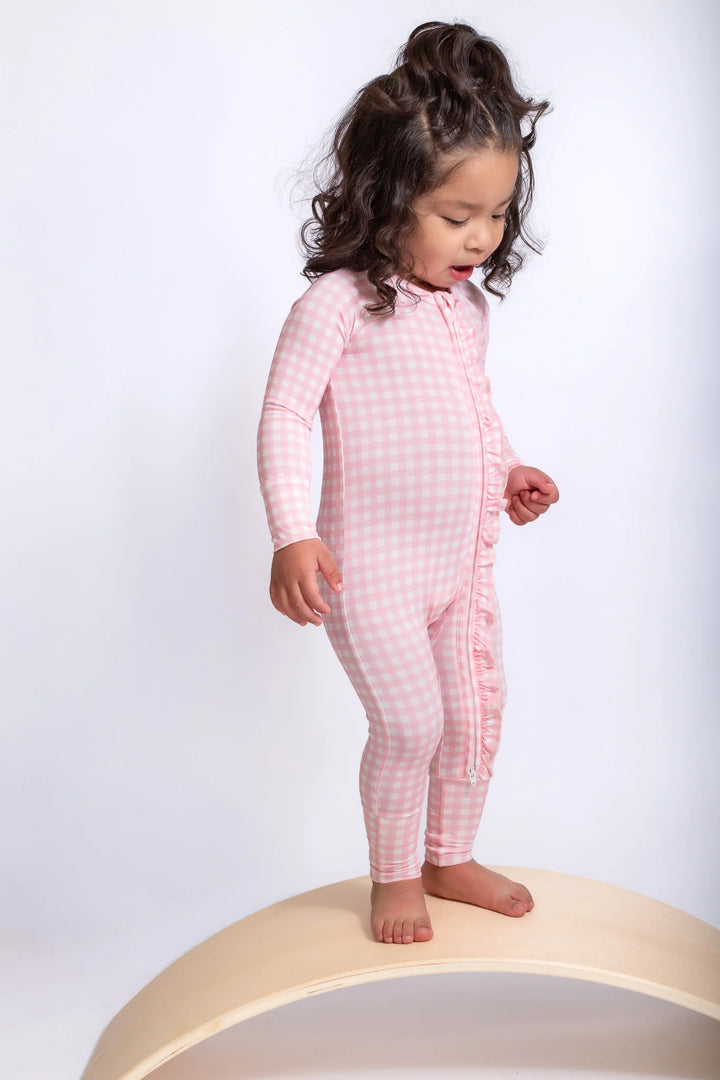 Long Sleeve Zip Pajamas in Cottage Pink Gingham