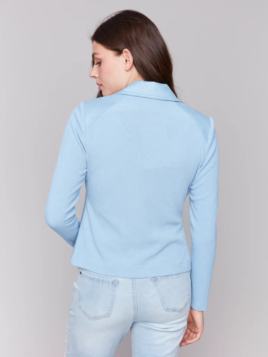 Vintage Fake Leather And Rib Knit Combo Jacket in Blue Bell