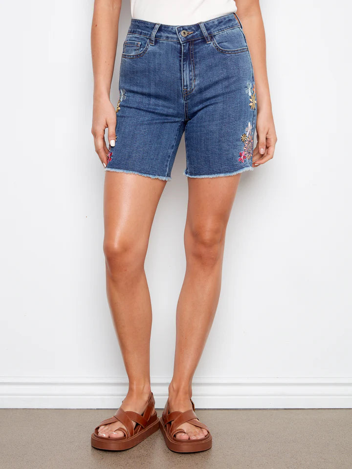Side Embroidered Stretch Denim Shorts