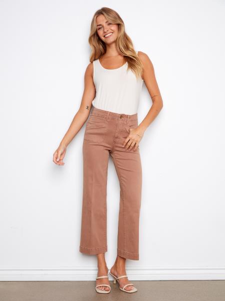 Cropped Wide Leg Colored Twill Pants with Patch Pockets in Desert