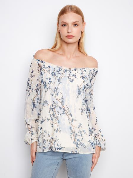 Printed Eyelet Long Ragloon Balloon Sleeve Off Shoulder Blouse