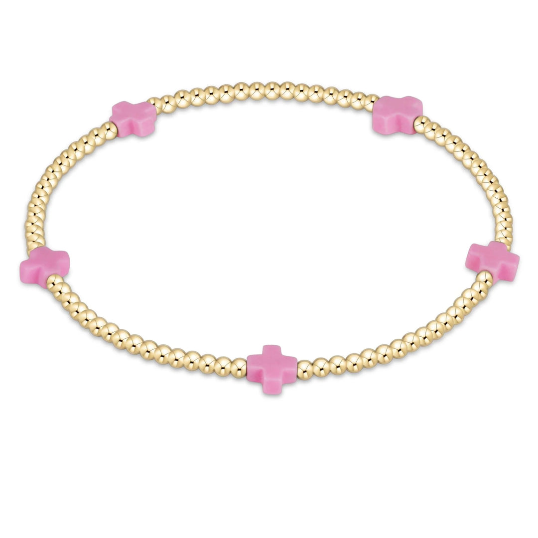 egirl Signature Cross Small 2mm Gold Bracelet in Bright Pink