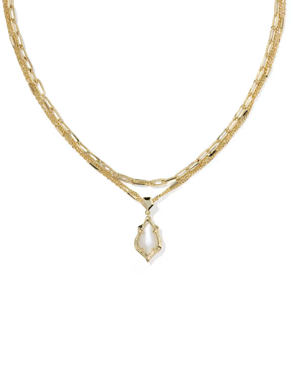 Adriana Scallop Frame Gold Multi Strand Necklace in Natural Mother-of-Pearl