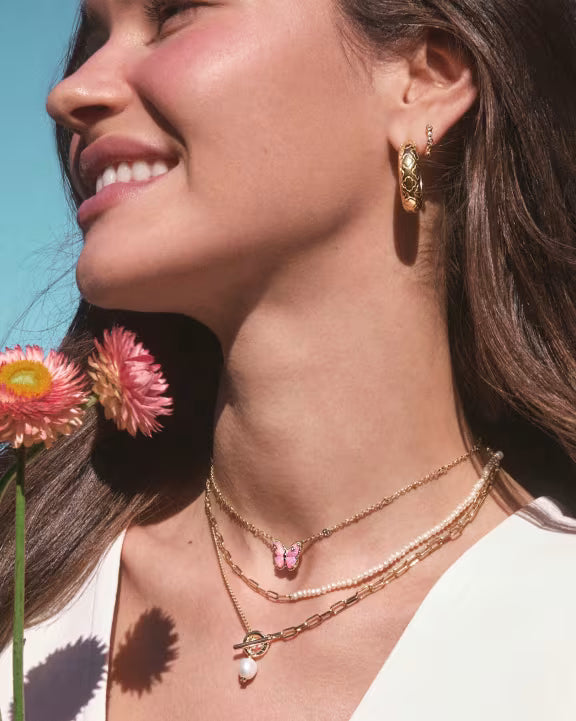 Cailey Butterfly Gold Short Pendant Necklace  in  Pink Opalescent Resin