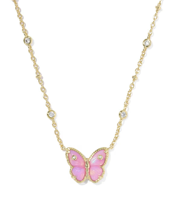 Cailey Butterfly Gold Short Pendant Necklace  in  Pink Opalescent Resin