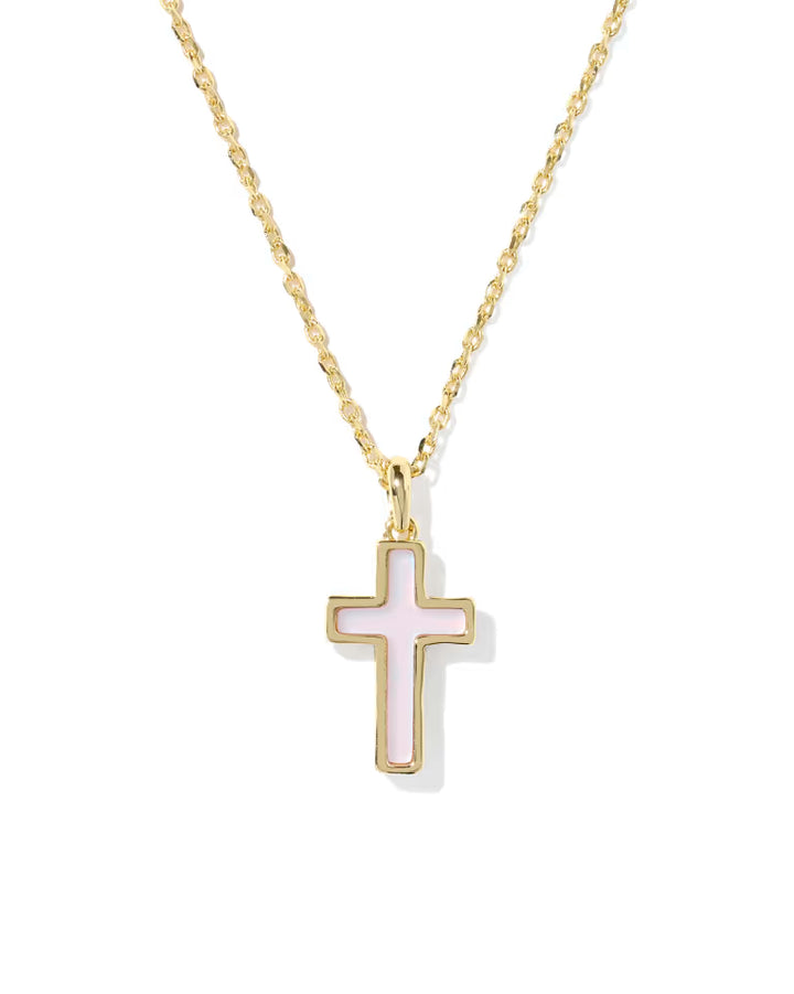 Cross Gold Pendant Necklace in Matte Blush Pink Dichroic Glass