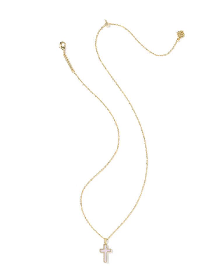 Cross Gold Pendant Necklace in Matte Blush Pink Dichroic Glass