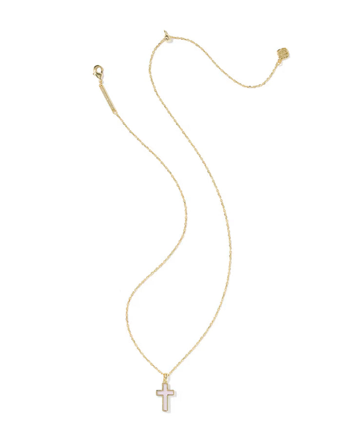 Cross Gold Pendant Necklace in Matte Blush Pink Dichroic Glass