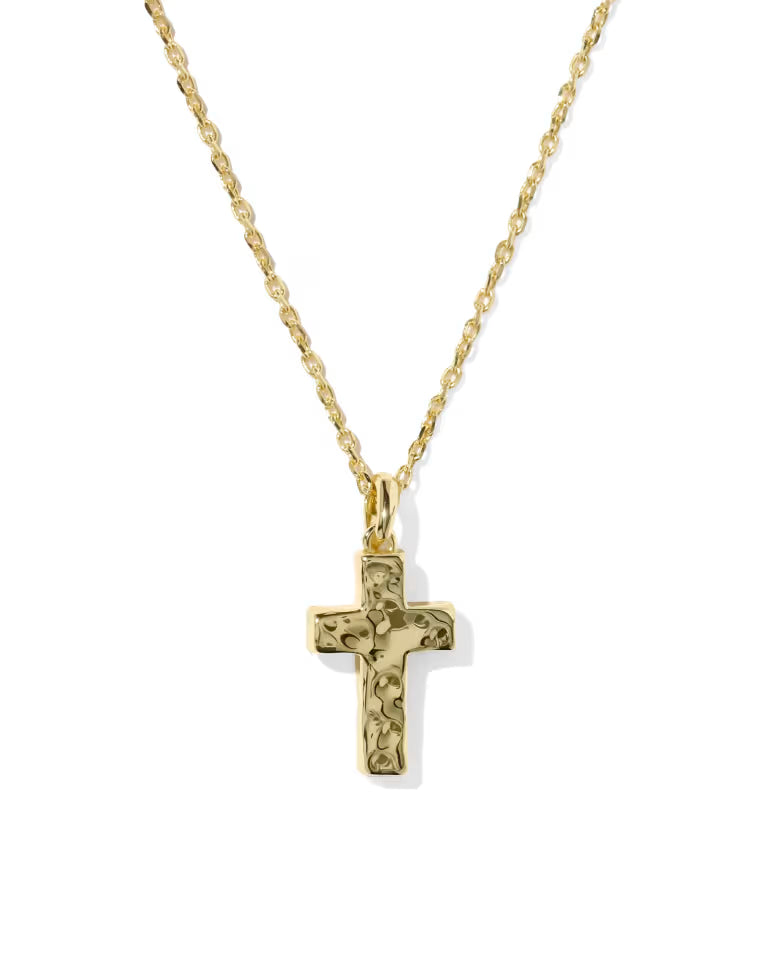 Cross Gold Pendant Necklace in Matte Blush Pink Dichroic Glass