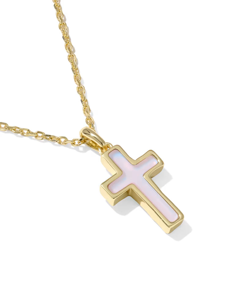Cross Gold Pendant Necklace in Matte Blush Pink Dichroic Glass