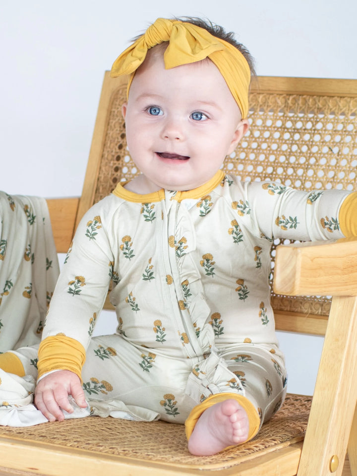 Long Sleeve Zip Pajama in Marigold Block Print