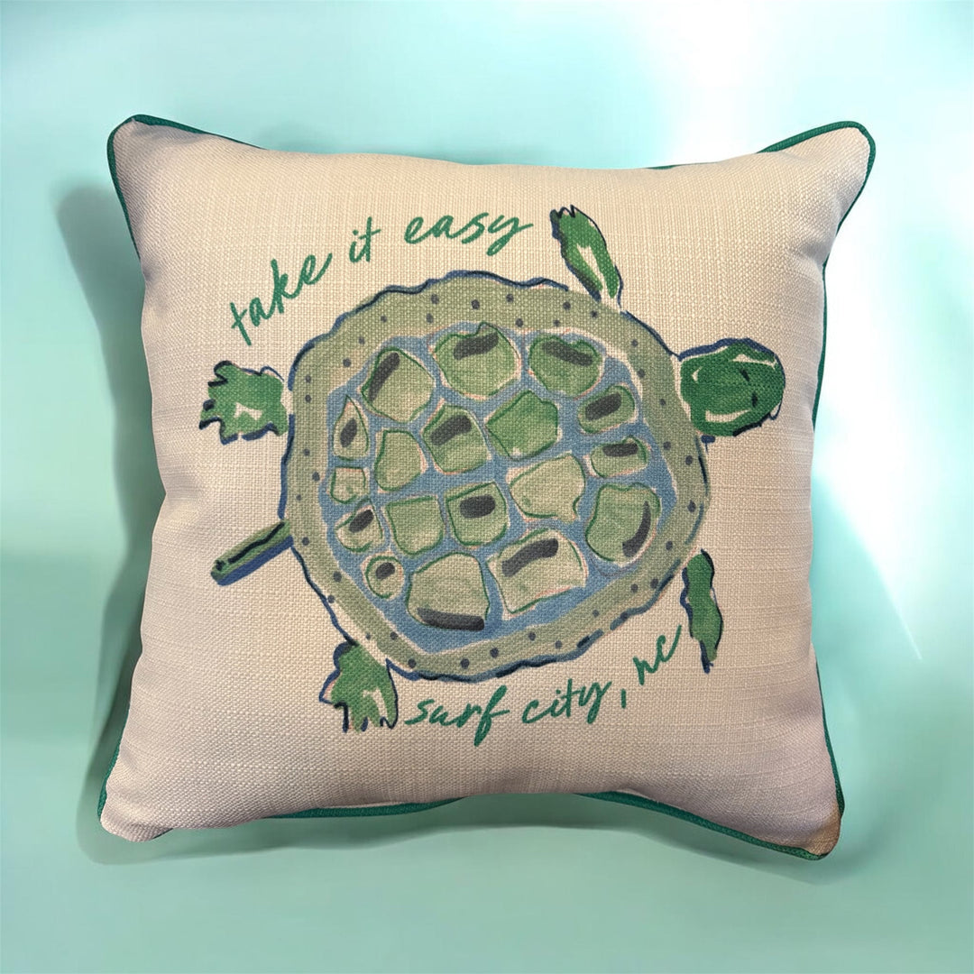 Take It Easy Turtle Pillow - Surf City, NC - Blue Green piping