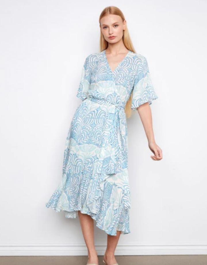 Printed Flutter Elbow Sleeve Fake Wrap Dress With Self Belt