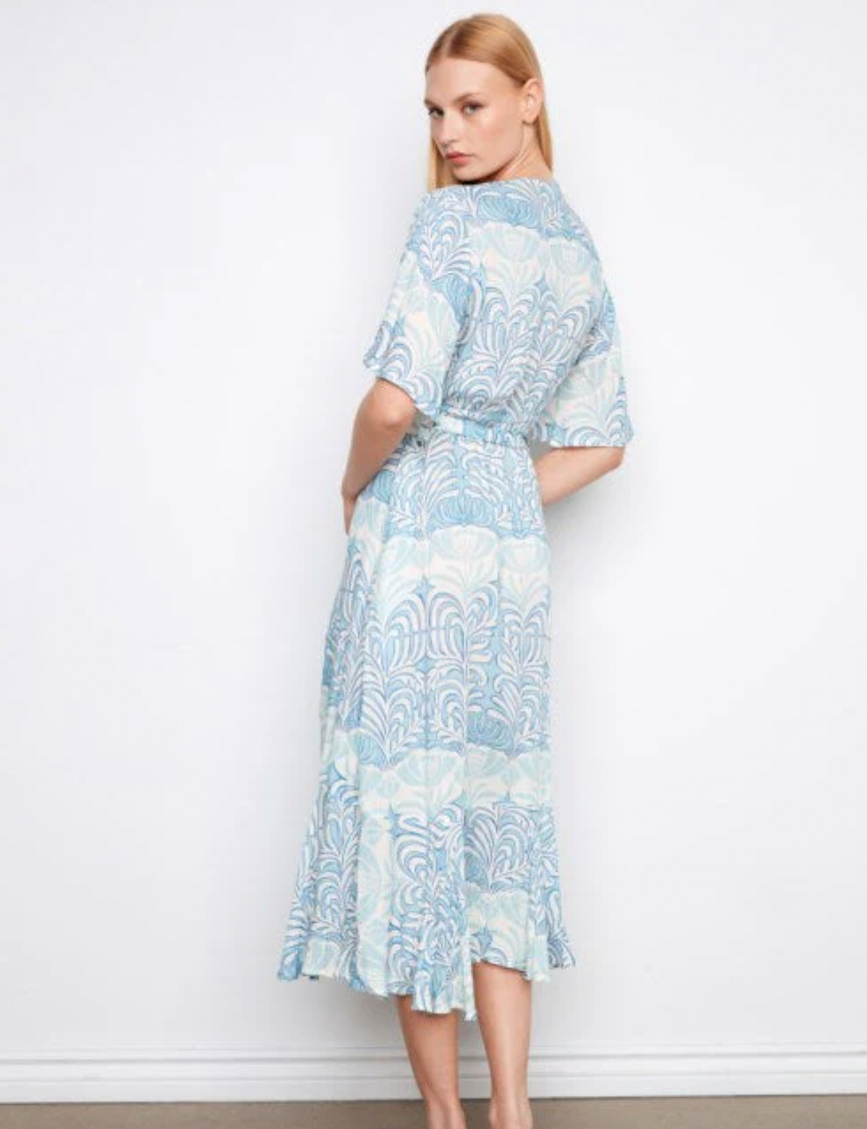 Printed Flutter Elbow Sleeve Fake Wrap Dress With Self Belt