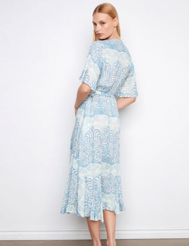 Printed Flutter Elbow Sleeve Fake Wrap Dress With Self Belt
