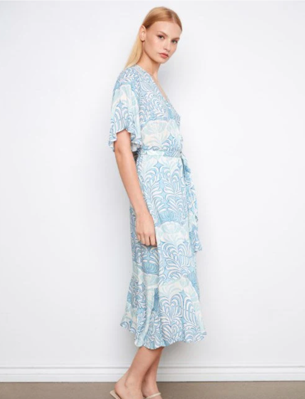 Printed Flutter Elbow Sleeve Fake Wrap Dress With Self Belt