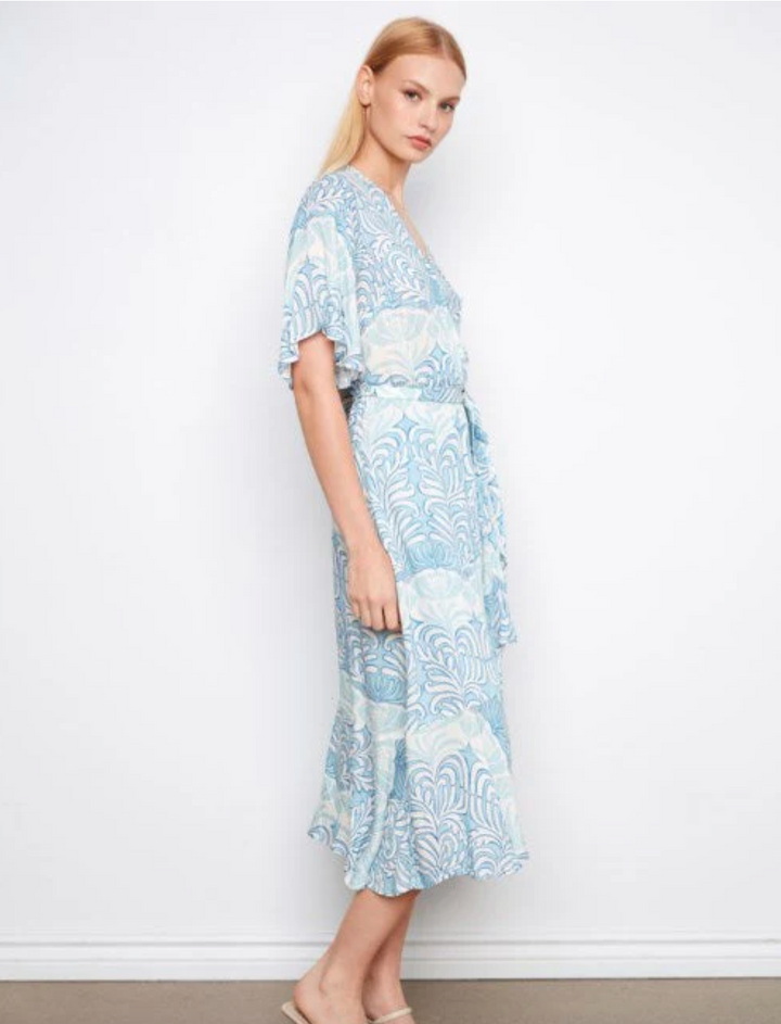 Printed Flutter Elbow Sleeve Fake Wrap Dress With Self Belt