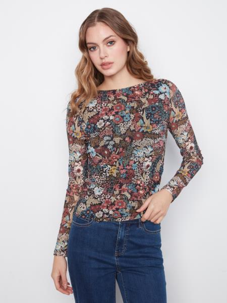 Printed Mesh Boat Neck Top lined at Body Blouse