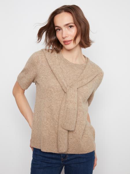Short Sleeve Crew Neck Sweater with Combined Sleeves Details
