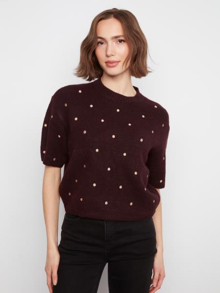 Elbow Sleeve Balloon Shape Sweater With Allover Dots Embroidery in Wine