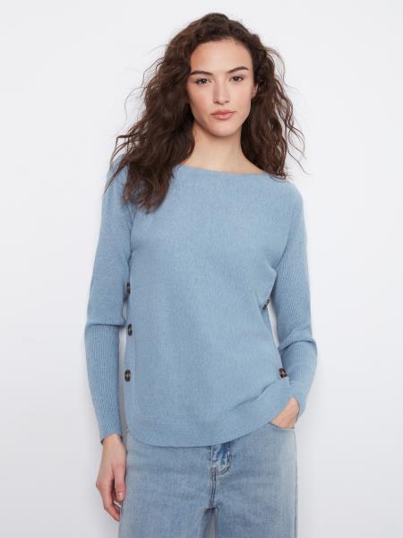 Long Sleeve Drop Shoulder Boat Neck Sweater with Side Buttons Detail