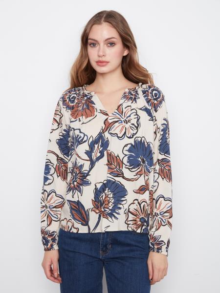 Printed Raglan Long Sleeve Blouse with Notch Neck in Fantasy Print