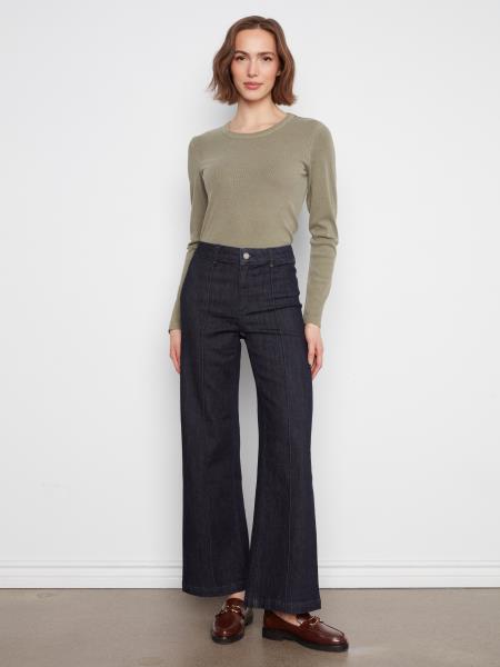 Wide Leg Stretch Denim Pants with Pin Tucks