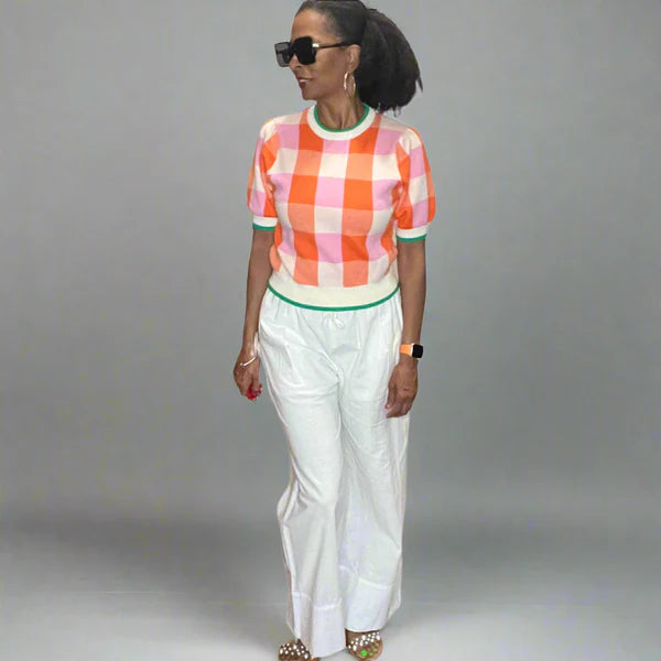 Orange and Pink Gingham Short Sleeve Knit Top