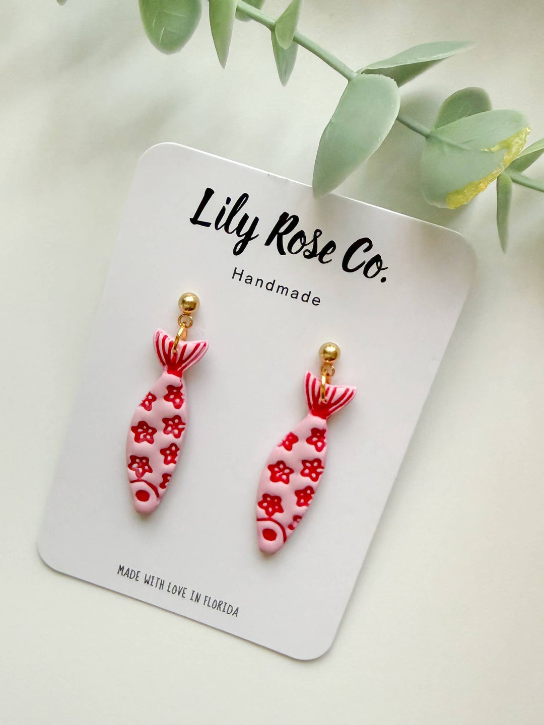 Coastal Fish Clay Earrings in Pink and Red