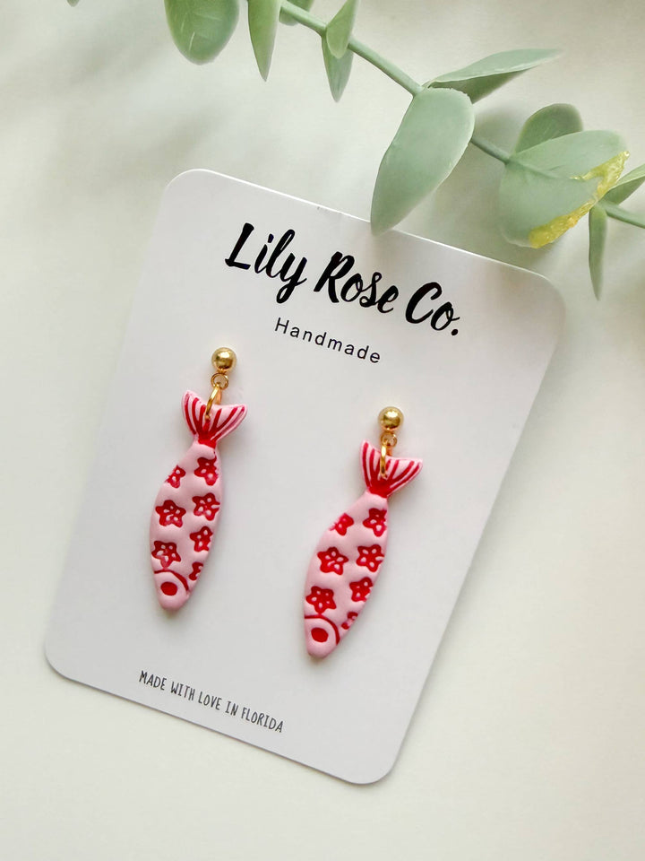 Coastal Fish Clay Earrings in Pink and Red