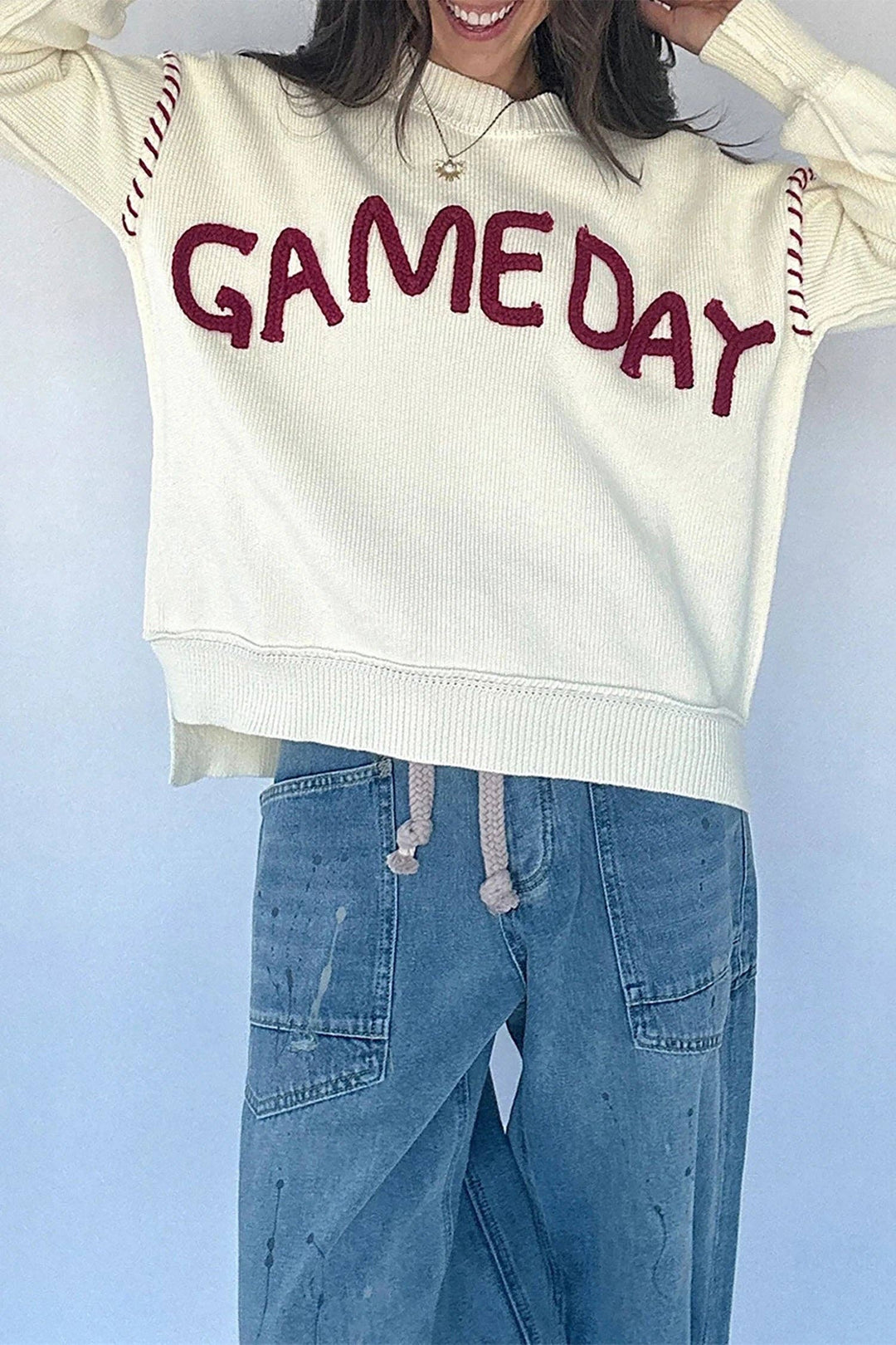 Drop Shoulder Game Day Letter Print Pullover Sweater