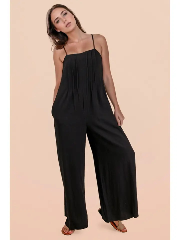 Pleated Solid Woven Sleeveless Jumpsuit in Black