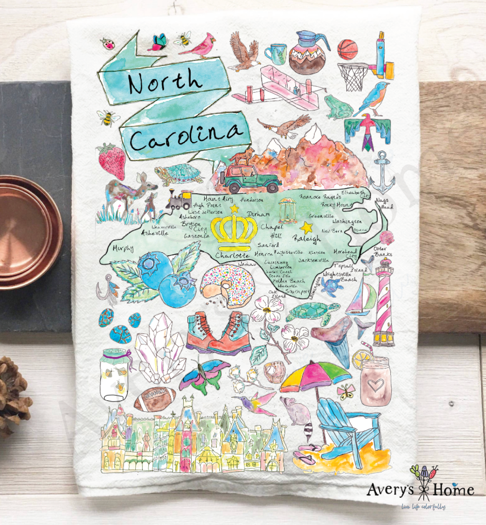 North Carolina State Map Souvenir Beach Tea Towel