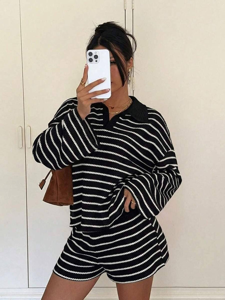 Striped Polo Lounge Set Resort Textured Collared Oversized in Black