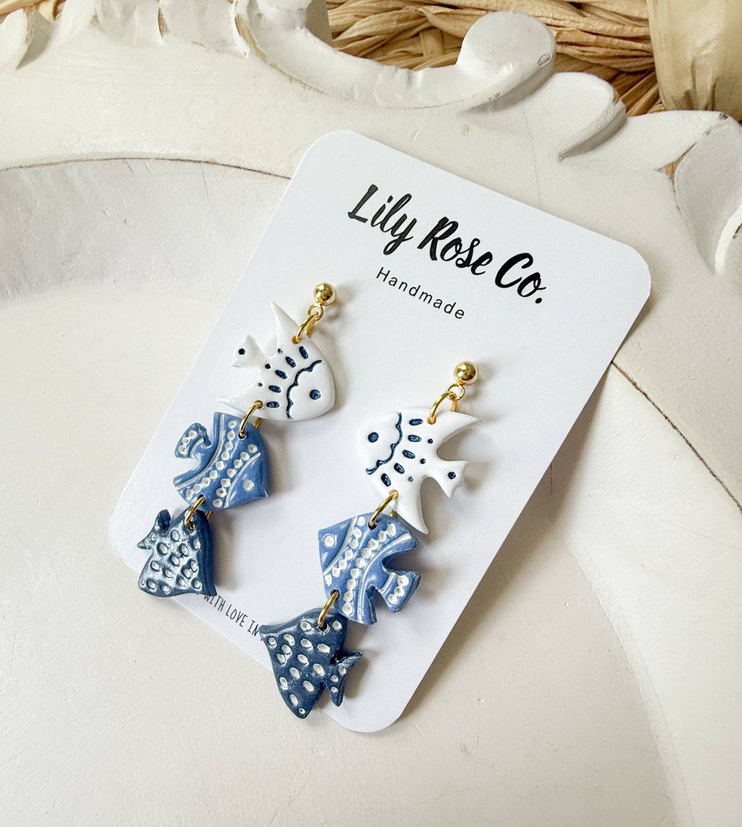 Fish 3 Tier Clay Earrings in Blue and White
