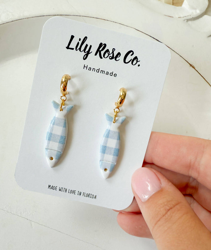 Blue Gingham Fish Clay Earrings