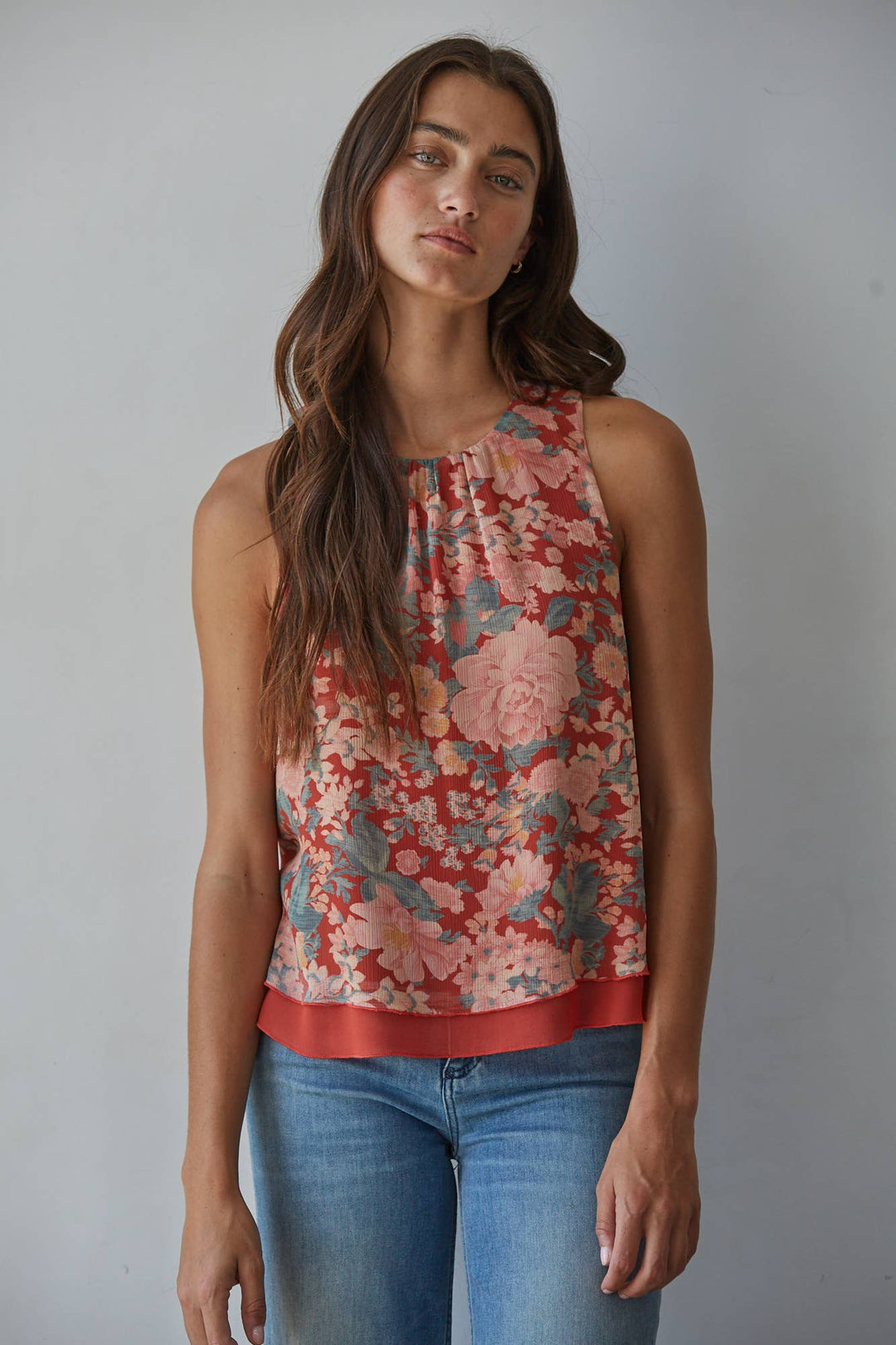 Woven Polyester Chiffon Floral Print Sleeveless Top