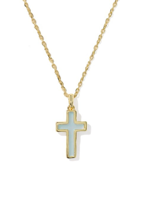 Cross Pendant Necklace in Gold Matte Light Blue Dichroic Glass