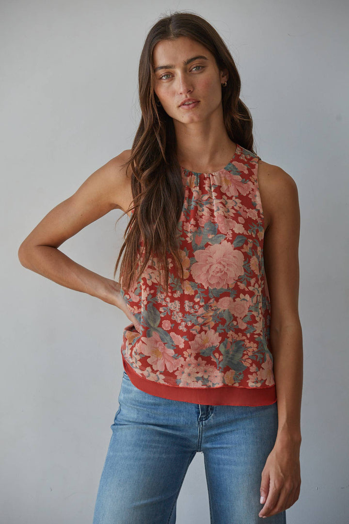 Woven Polyester Chiffon Floral Print Sleeveless Top