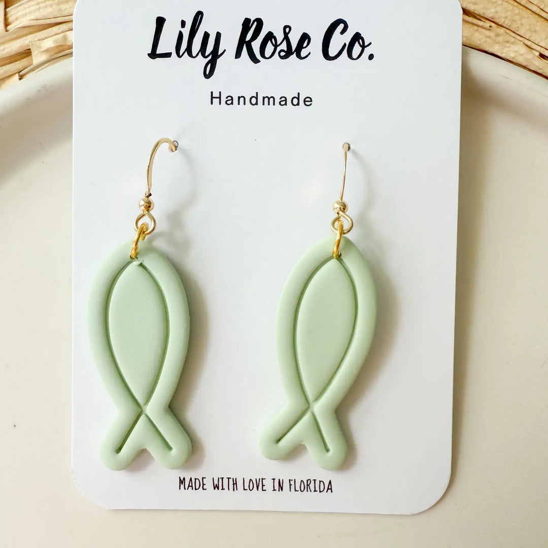Christian Fish Symbol Clay Earrings in Green