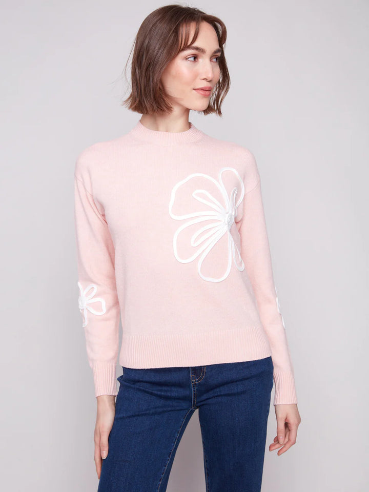 Crew Neck Floral Soutache Sweater - Heather Ballet