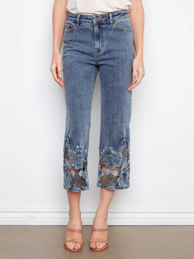 Cropped Stretch Denim Flare Leg Pant with Laser Cut Embroidery
