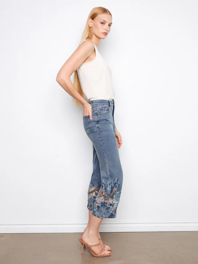 Cropped Stretch Denim Flare Leg Pant with Laser Cut Embroidery