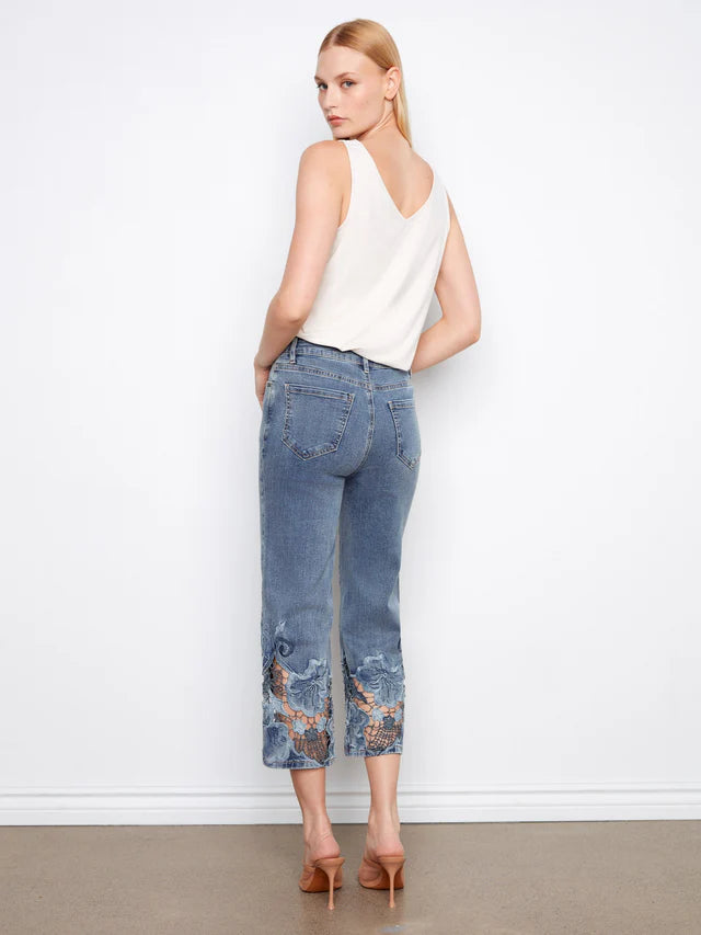 Cropped Stretch Denim Flare Leg Pant with Laser Cut Embroidery