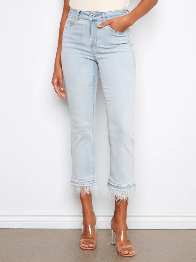 Stretch Denim Flare Pant with Removable Feather Trim at Hem