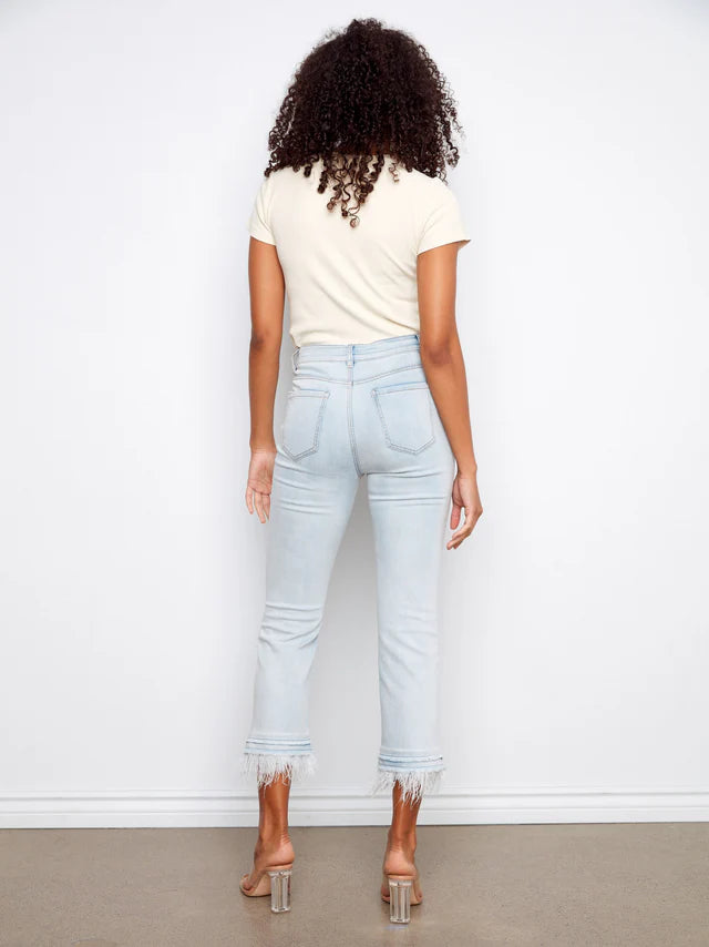 Stretch Denim Flare Pant with Removable Feather Trim at Hem