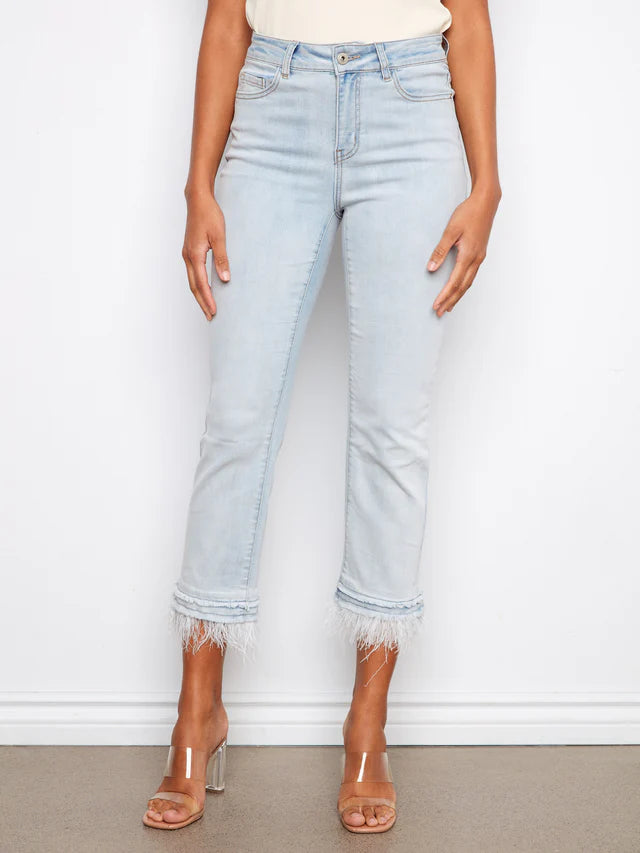Stretch Denim Flare Pant with Removable Feather Trim at Hem