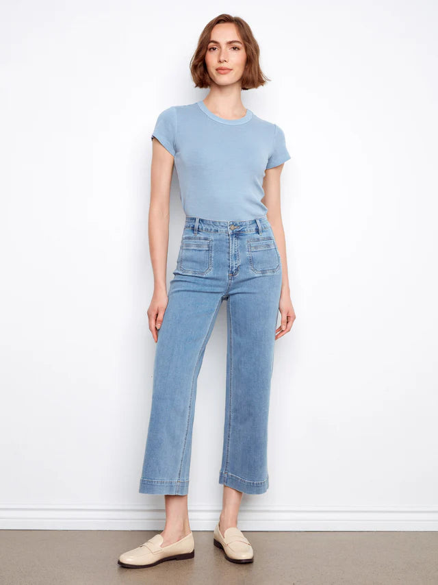 Cropped Patch Pocket Flare Jeans in Blue Jean