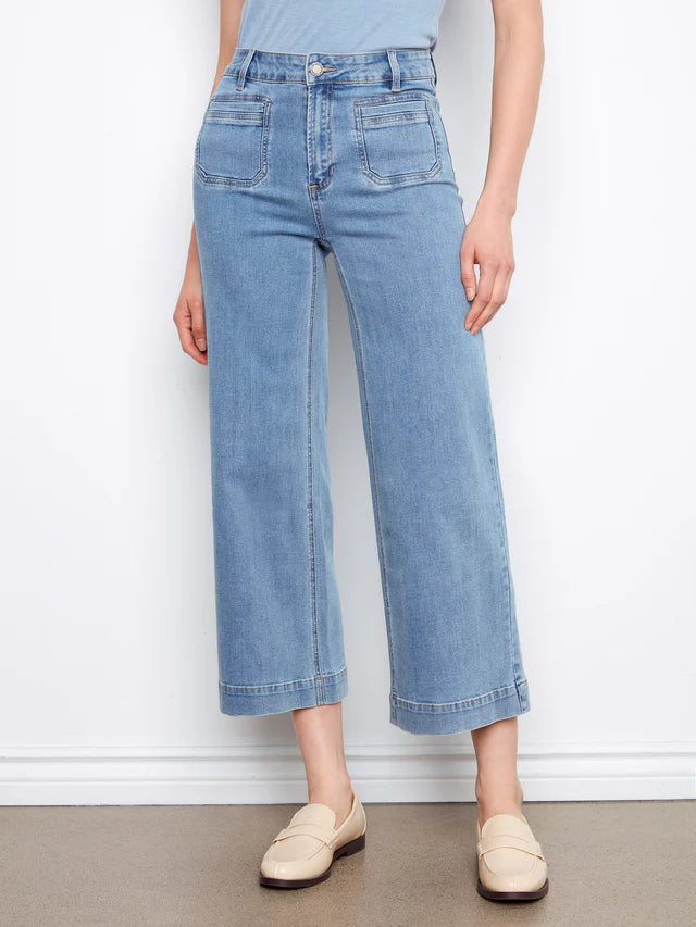 Cropped Patch Pocket Flare Jeans in Blue Jean