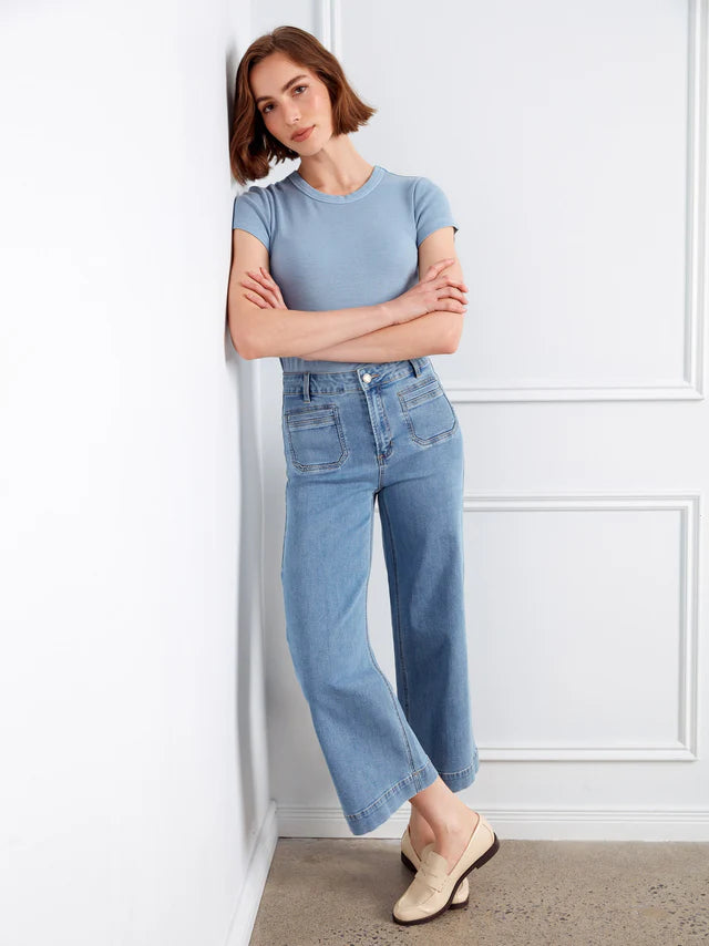 Cropped Patch Pocket Flare Jeans in Blue Jean